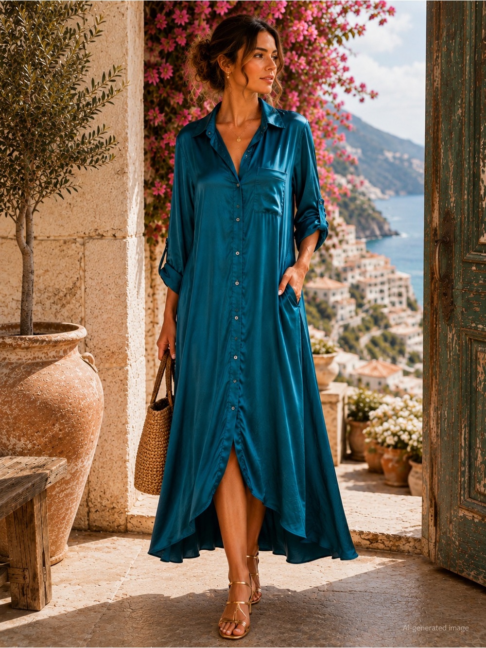 YFB Young Fabulous & Broke Teal Satin Maxi Shirt Dress S
